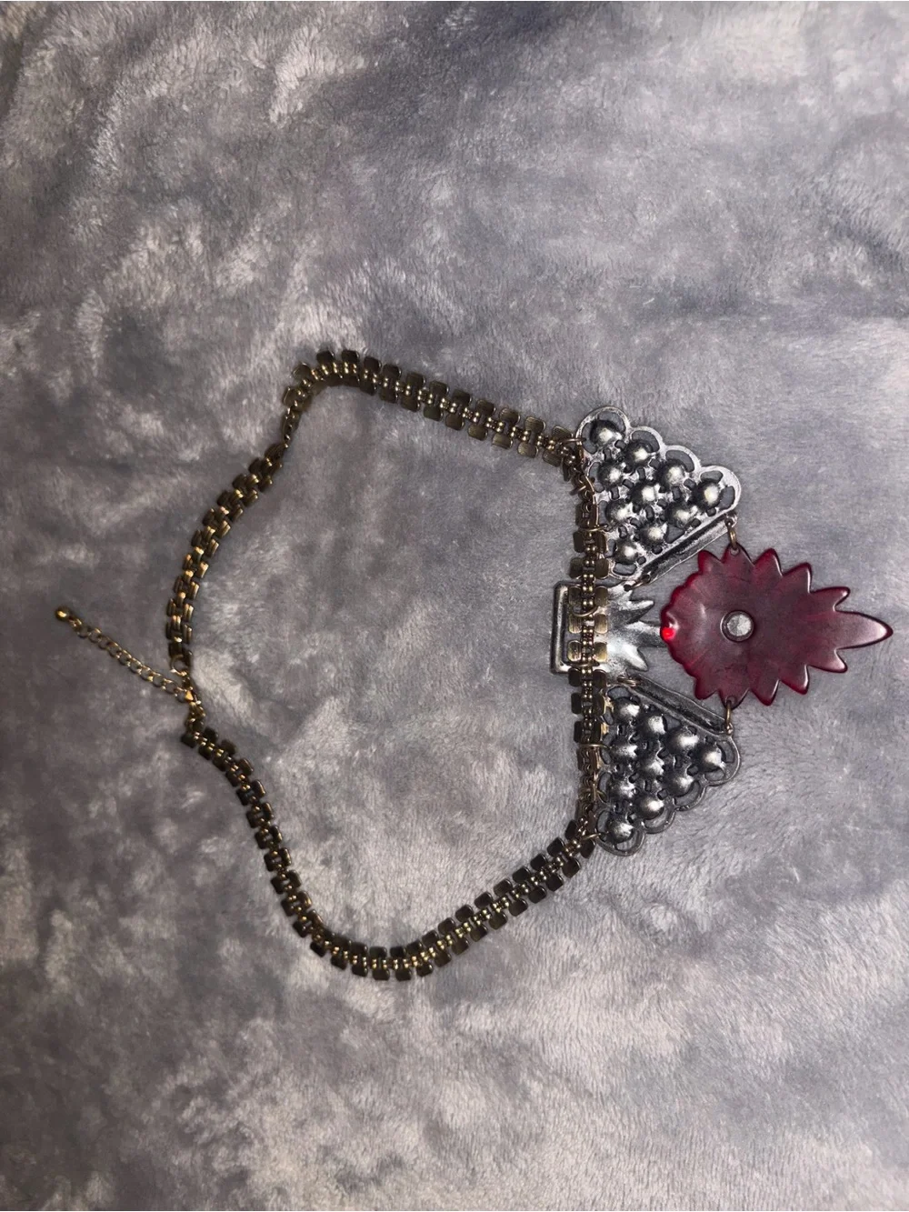 Olivia Welles Gold Tone Rhinestone Statement Necklace Red Flower Bib